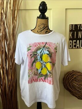 Guess White T-Shirt with Yellow Lemon Graphic and Pink Background